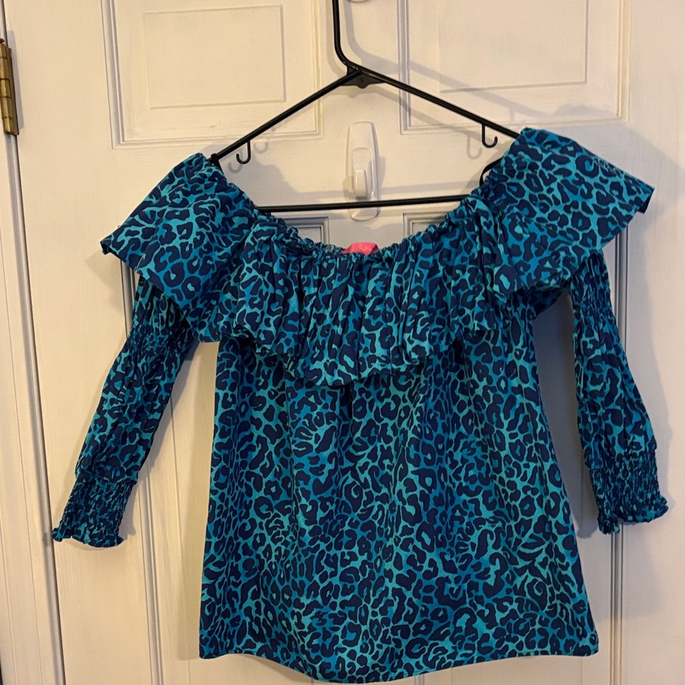 Lilly Pulitzer size medium Teal Leopard Print Off-Shoulder Ruffle Blouse l